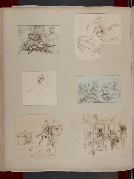 Particolari anatomici, profili virili e femminili, cavallo visto da tergo, elmo e punta di picca