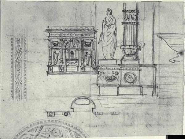 Pianta, prospetto e decorazione di una fontana monumentale addossata a parete