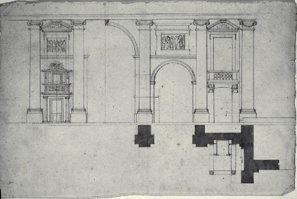 Pianta, prospetto e sezione longitudinale del pulpito della chiesa di S. Francesco di Paola a Milano