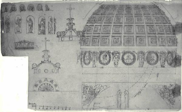 Sezione trasversale della cupola del Duomo di Bergamo con particolari della decorazione scultorea, della lanterna e dei pennacchi