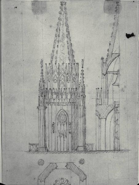 Pianta, prospetto e sezione trasversale della guglia del Duomo di Milano
