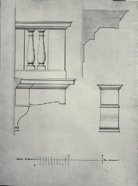 Prospetto laterale e sezione di balcone con mensola