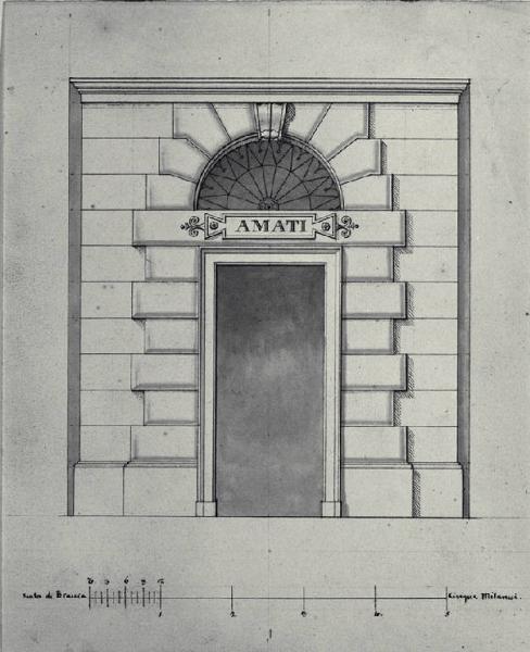 Prospetto del portone d'ingresso della casa di Giovanni Battista Amati a Milano (già Porta Comasina 2126)