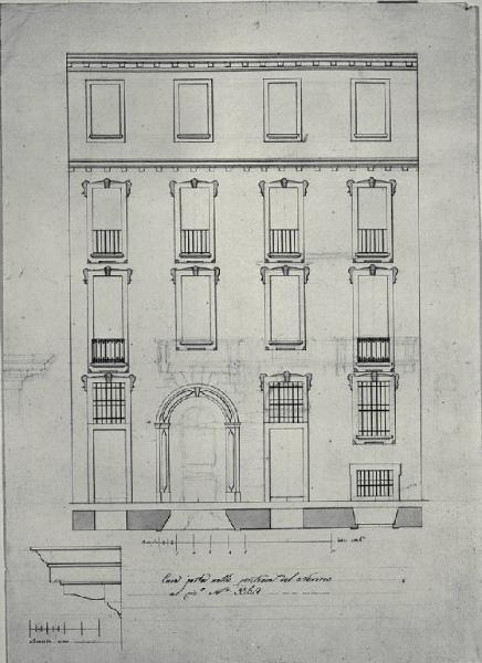 Pianta e prospetto della fronte della casa di Giovanni Battista Amati a Milano (già Contrada del Nerino 3362) con sezione della trabeazione