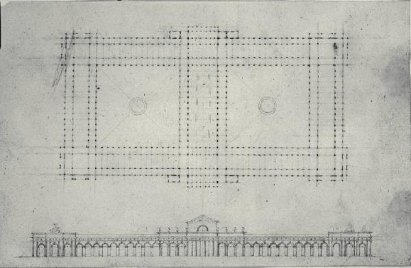 Pianta e prospetto di edificio pubblico con fontane