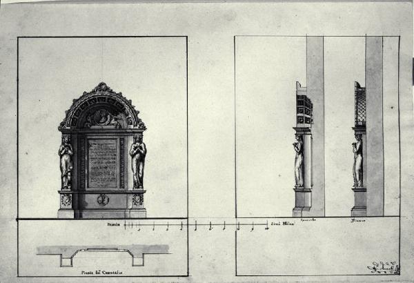 Pianta, prospetto, sezione e prospetto laterale di un cenotafio