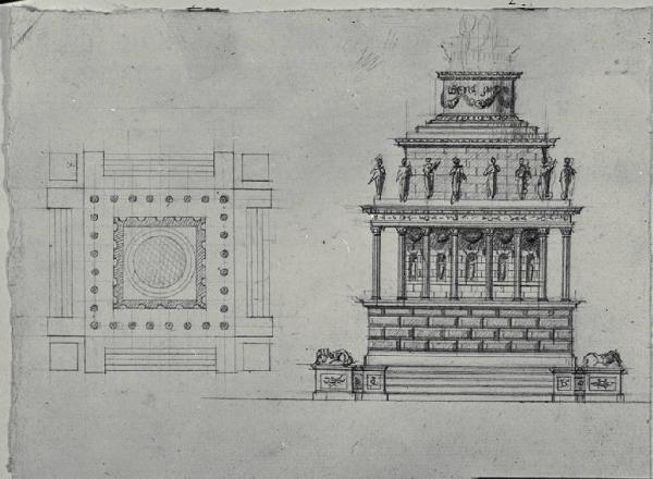 Pianta e prospetto di monumento commemorativo