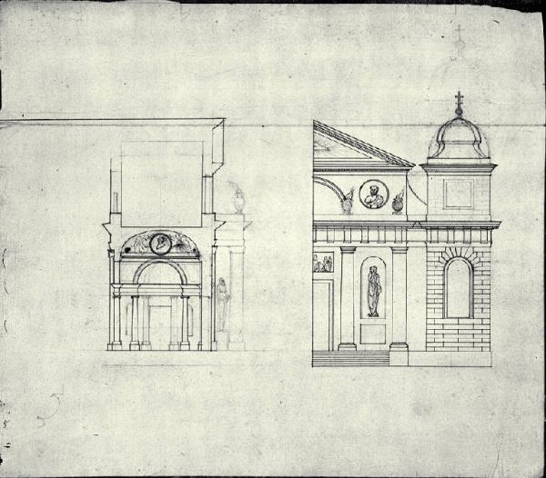 Prospetto e sezione trasversale della prima campata di una chiesa con pronao dorico e torri laterali