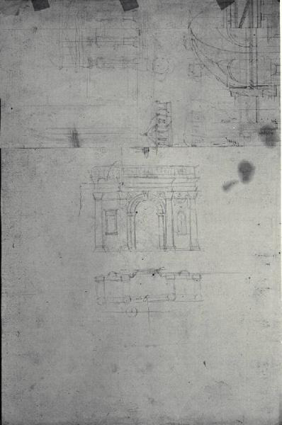 Pianta, prospetti e sezione parziali di edifici