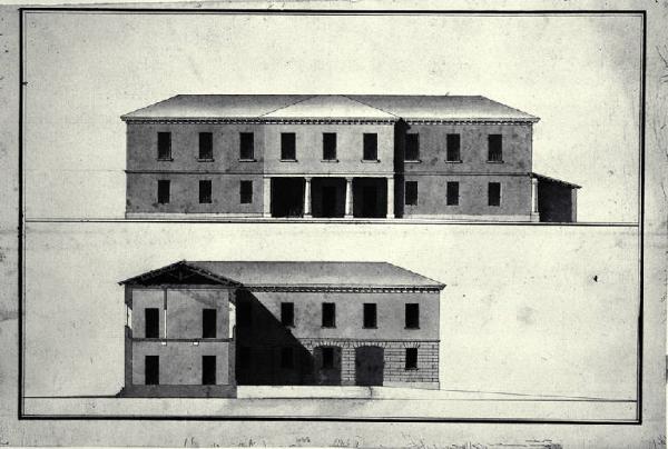 Prospetto e sezione di un'ala laterale della Villa Sormani a Cornate d'Adda