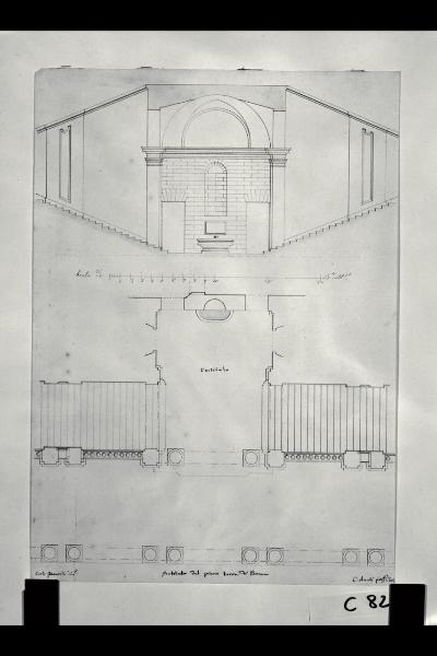 Pianta e prospetto del porticato del piano terra del Palazzo di Brera a Milano