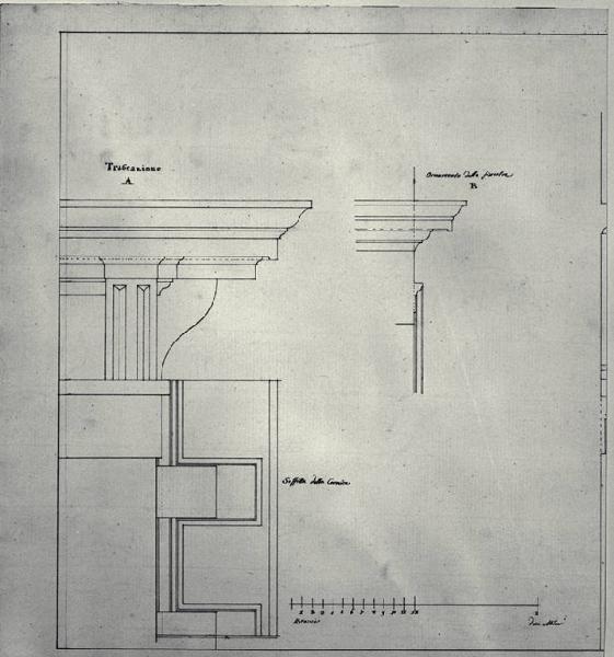 Proiezione in pianta, prospetto e sezione dell'ornamento di una finestra