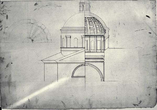 Pianta, prospetto e sezione trasversale della cupola del Duomo di Bergamo