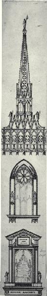 Prospetti della guglia principale, di una finestra e del balcone delle omelie del Duomo di Milano