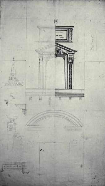 Prospetto del balcone delle omelie del Duomo di Milano e dettagli di elementi decorativi