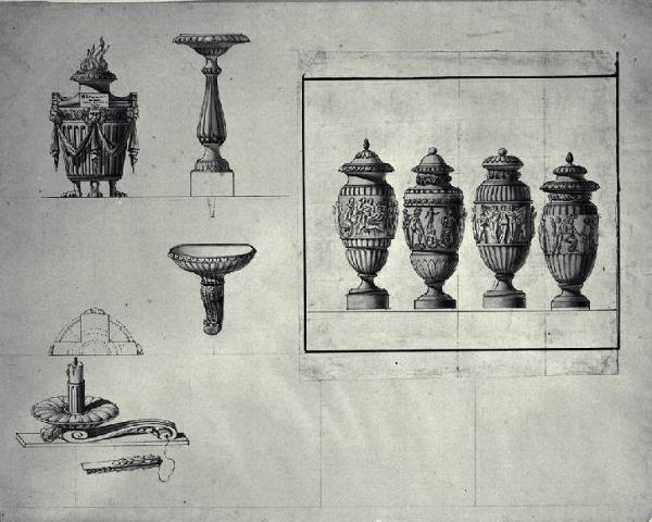 Prospetti di lucerna, acquasantiere e candelabro/ quattro urne cinerarie a rilievi