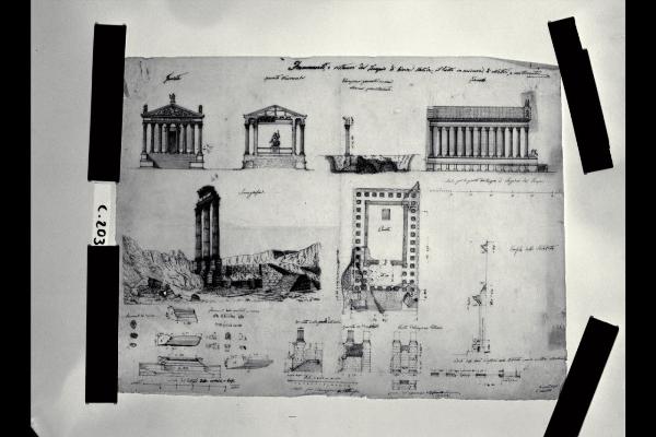 Pianta, prospetti, sezioni del "restauro" del cosiddetto Tempio di Giove Statore a Roma