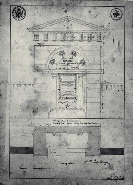 Pianta e prospetto dell'edicola funeraria della contessa Paola Taverna già nel cimitero di Porta Romana a Milano