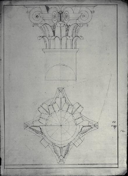 Pianta e prospetto di capitello e parte di colonna di ordine corinzio