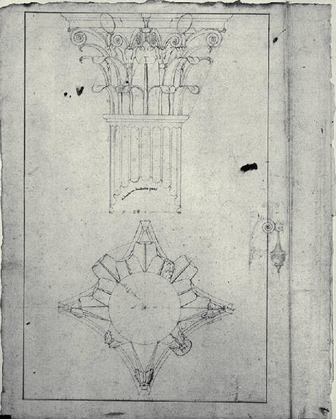 Pianta e prospetto di capitello e parte di colonna di ordine corinzio