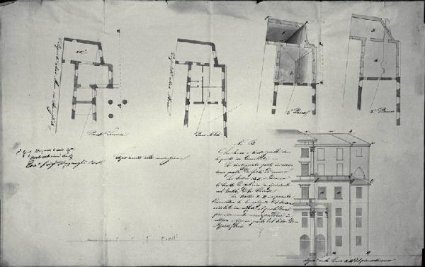 Piante e prospetto parziale dei palazzi laterali alla chiesa di S. Carlo a Milano