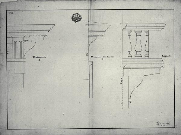 Prospetti di trabeazione, cornice di finestre e poggiolo