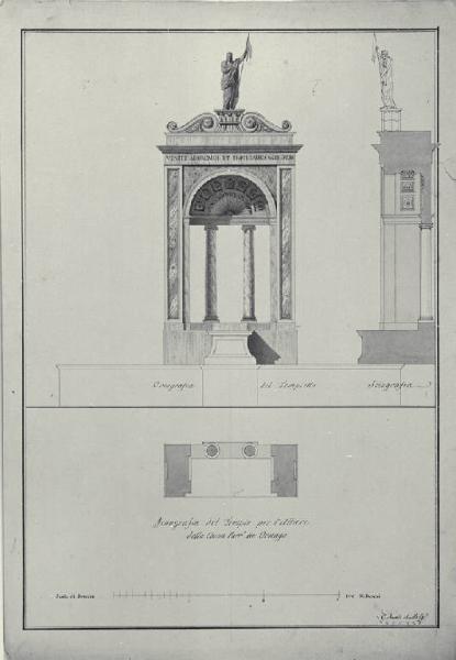 Pianta, prospetto e sezione trasversale di tempietto per l'altare della chiesa di S. Agata a Ornago