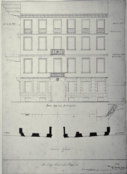 Pianta e prospetto della fronte della casa Guidon Jouvet a Milano (già Contrada Zebedia 4132)