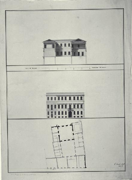 Pianta, prospetto e sezione trasversale di Palazzo Arrigoni a Milano (già Contrada S. Romano 403)