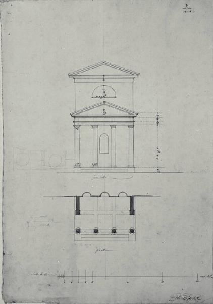 Pianta e prospetto della fronte e del pronao del tempietto del giardino della Villa Archinto (Pennati) a Monza