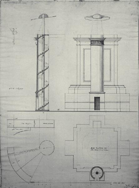 Sezione della scala elicoidale, pianta e prospetto del piedistallo della Statua colossale di S. Carlo al Sacro Monte sopra Arona
