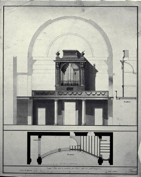 Pianta, prospetto e sezione dell'organo con cantoria della chiesa di S. Michele Arcangelo a Belgioioso
