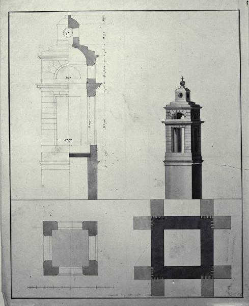 Pianta, prospetto sezionato e prospetto in assonometria del campanile della chiesa di S. Michele Arcangelo a Belgioioso