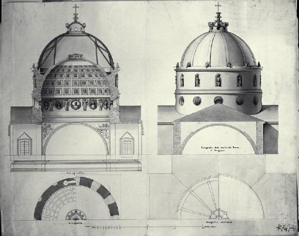 Piante, prospetto e sezione trasversale della cupola del Duomo di Bergamo