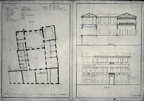 Pianta, prospetto e sezione trasversale del Palazzo Arrigoni a Milano (già Contrada S. Romano 403)