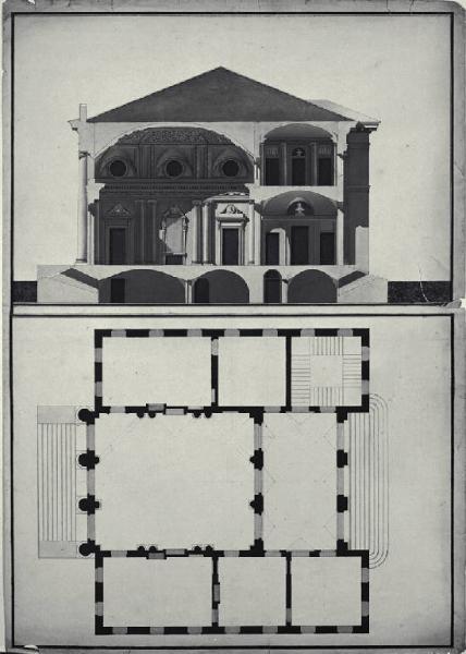 Pianta e sezione longitudinale di villa con salone monumentale