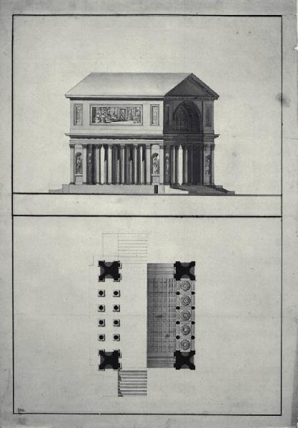 Pianta, prospetto frontale e laterale in assonometria di monumento commemorativo a forma di tempietto con proiezione in pianta dei lacunari