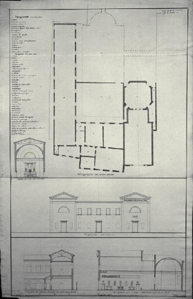 Pianta, prospetto e sezione di una chiesa e di un monastero a Venezia