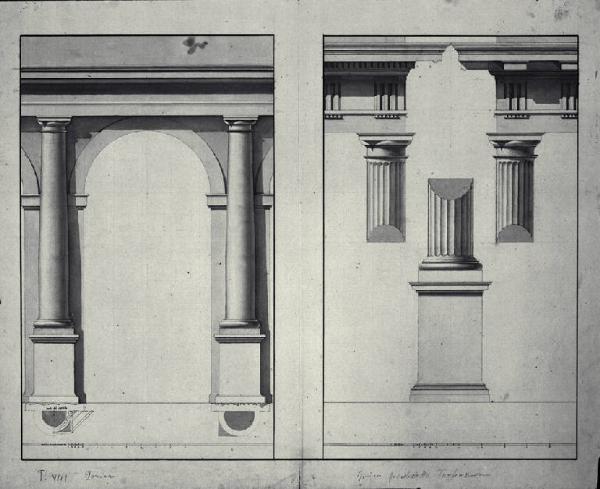 Intercolunnio con arco e piedistallo di ordine dorico/ trabeazione, colonna e piedistallo di ordine dorico