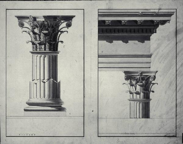 Capitello e base di ordine corinzio/ trabeazione e capitello di ordine corinzio