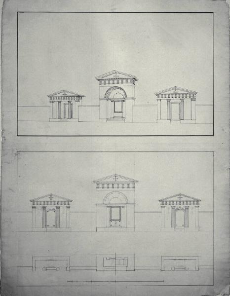 Piante, prospetti e veduta in prospettiva delle edicole funerarie per la contessa Taverna, per il barone Bataille e per personaggio non identificato già nel cimitero di Porta Romana a Milano