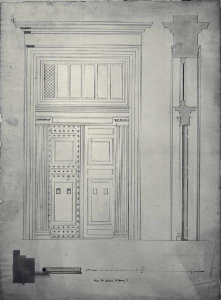 Pianta, prospetto e sezione della porta del Pantheon a Roma