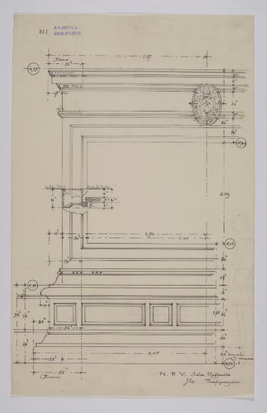 Alzato con dettagli in sezione della cornice per la collocazione della Trasfigurazione nella Sala Raffaello della Nuova Pinacoteca Vaticana