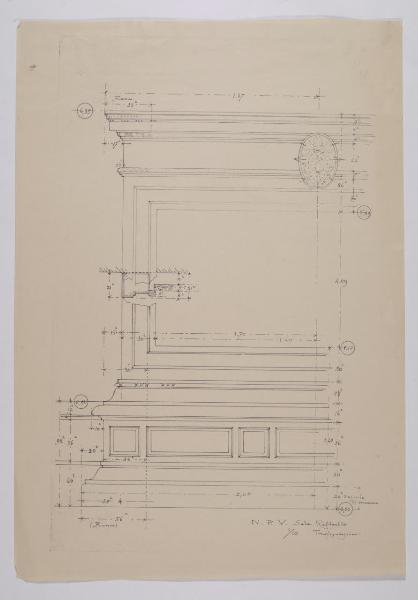 Alzato con dettagli in sezione della cornice per la collocazione della Trasfigurazione nella sala Raffaello della Nuova Pinacoteca Vaticana
