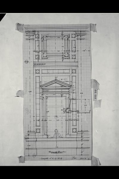 Alzato con schema della decorazione e dettaglio in sezione della cornice della finestra del prospetto verso il giardino nella Nuova Pinacoteca Vaticana