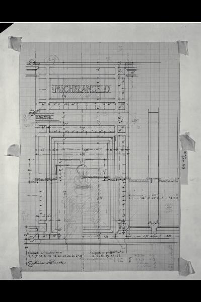 Alzato con indicazione della decorazione e dettagli in sezione delle cornici delle nicchie del prospetto verso il giardino nella Nuova Pinacoteca Vaticana