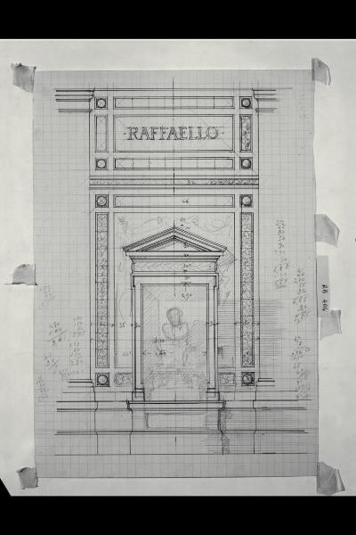 Alzato con indicazione delle decorazioni del prospetto verso il giardino nella Nuova Pinacoteca Vaticana