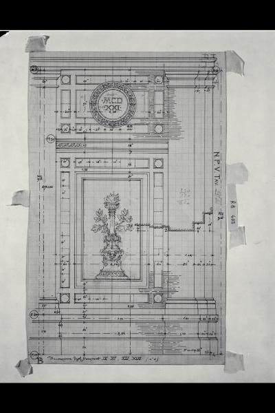 Alzato con indicazione delle decorazioni e dettaglio della sezione per la cornice delle nicchie del prospetto verso il giardino nella Nuova Pinacoteca Vaticana