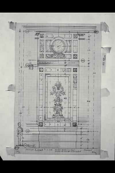 Alzato con indicazione delle decorazioni del prospetto verso il giardino nella Nuova Pinacoteca Vaticana