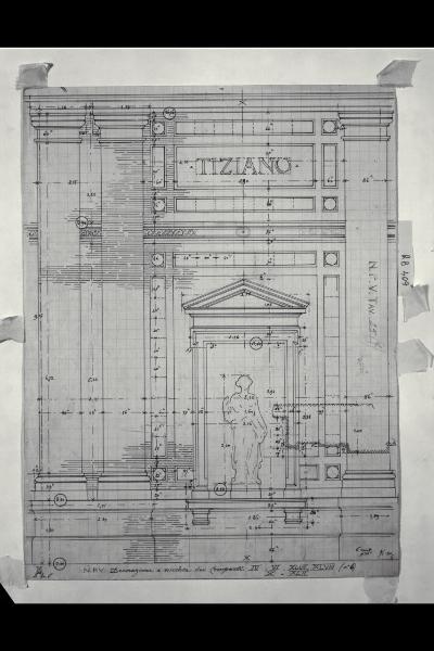 Alzato con indicazione della decorazione e con dettaglio in sezione della cornice della nicchia di un prospetto nella Nuova Pinacoteca Vaticana